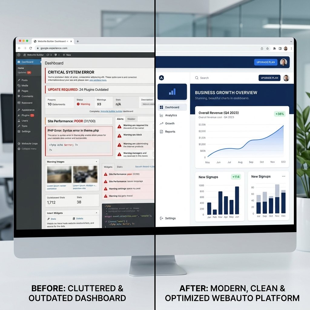 Stressed DIY admin vs relaxed WaaS website manager comparison card